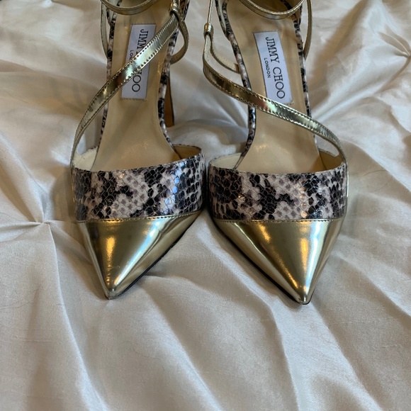 Jimmy Choo Gold/Beige Snakeprint Leather Dorsey Pumps sz 39 - Picture 2 of 10